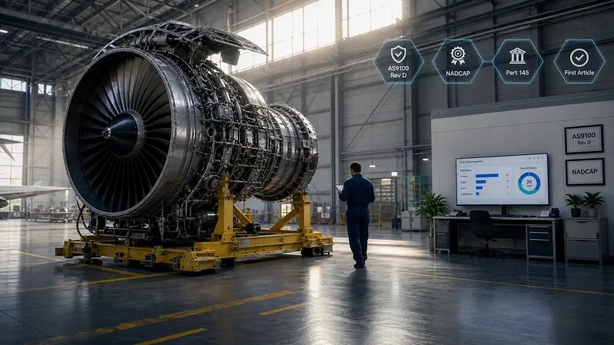 Technician with a tablet beside a jet engine in a hangar, with a first-article inspection dashboard and AS9100, NADCAP and Part 145 badges
