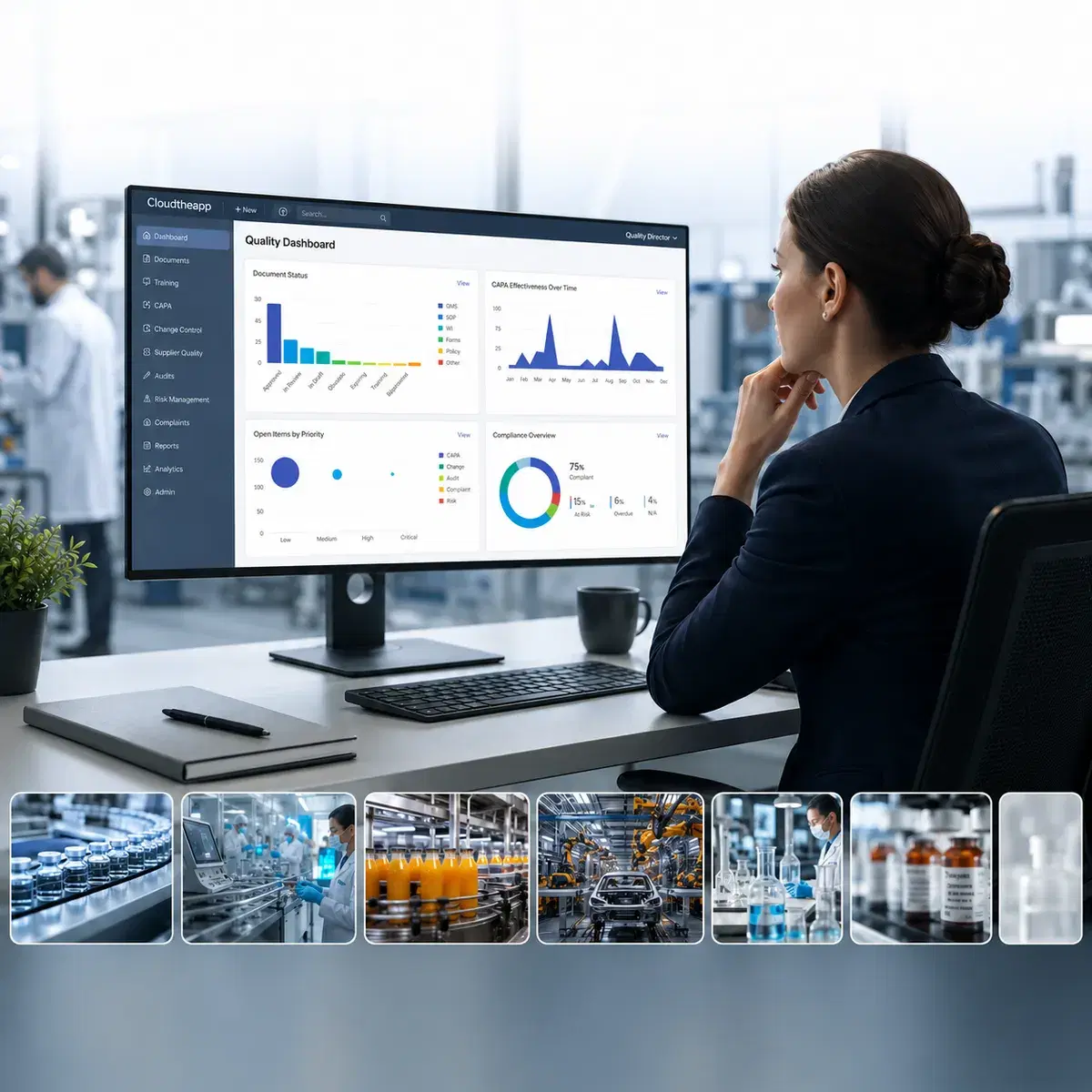 Quality director reviewing a Cloudtheapp quality dashboard covering document status, CAPA effectiveness and compliance, above a strip of regulated-industry production scenes