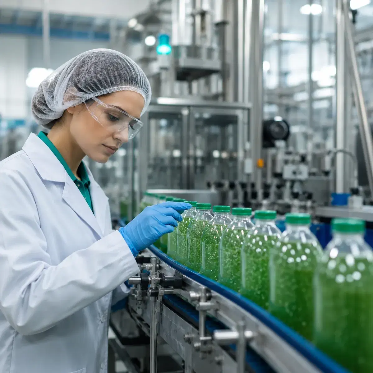Food safety technician in hairnet and safety glasses inspecting filled bottles on a beverage production line during an in-process quality check