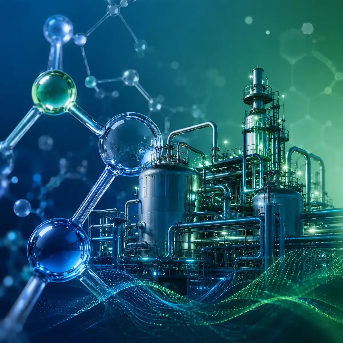 Chemical process plant with distillation columns, reactors and pipework, overlaid with a molecular structure and connected data waves representing process safety and quality control