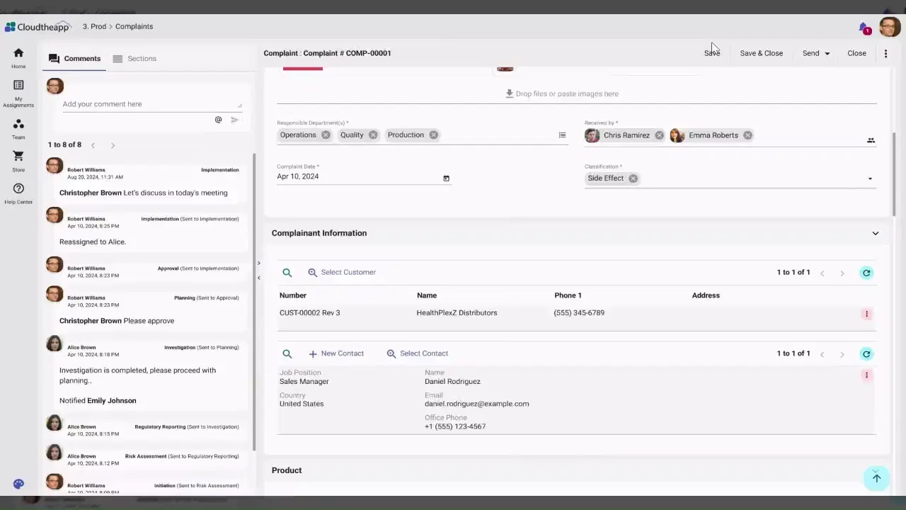 Screen recording of the Cloudtheapp application designer. A Complaint form is edited section by section with per-field design, cut, hide and remove controls, then a Complaints list view is laid out by dragging fields from a panel into columns with desktop, tablet and phone targets, filtering rules and sort order, and the configured application opens as a live record.