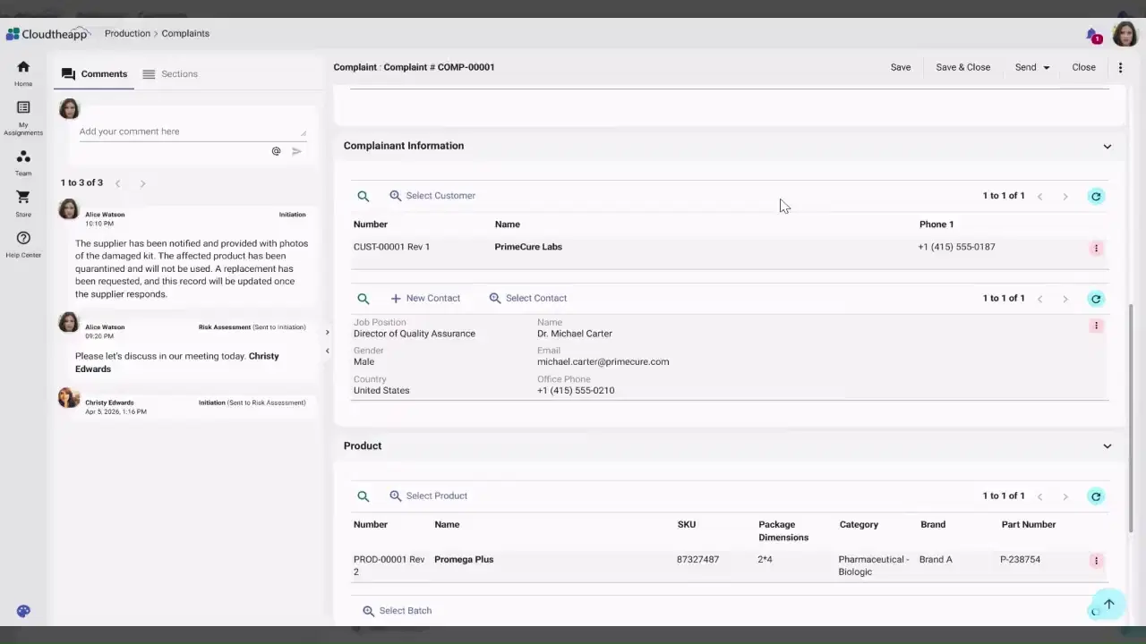 Screen recording of the Cloudtheapp Thunder assistant. A complaints application opens, Design with AI is clicked, and a plain-English instruction describing a submission to review to investigation to risk to implementation to customer feedback process produces a complete Complaint form with Investigation Details and Risk Assessment sections, which is then extended with a Root Cause field and opened as a live record.